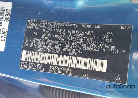 2008 Toyota Tundra Base 4.7L V8 из США, поврежденный, VIN 5TBRT54118S457853